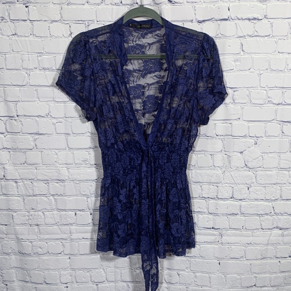 Maurices Tops - Maurices Womens Sheer lace Short Sleeve Babydoll Top Blue Size 0 Y2K Whimsigoth